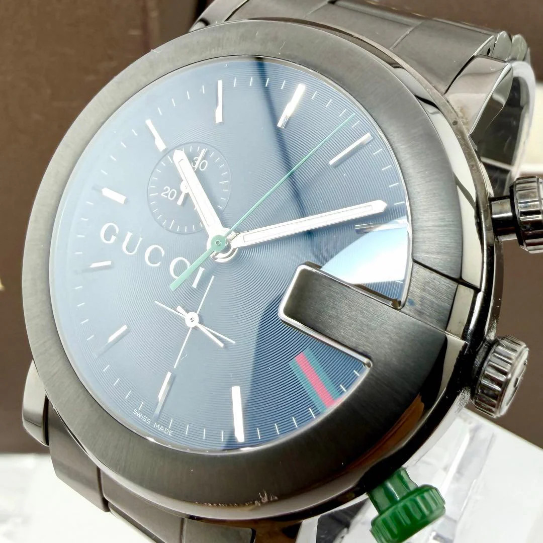 GUCCI 101M G-Chrono Quartz SS 44mm Black Dial Sherry Line Mens Watch