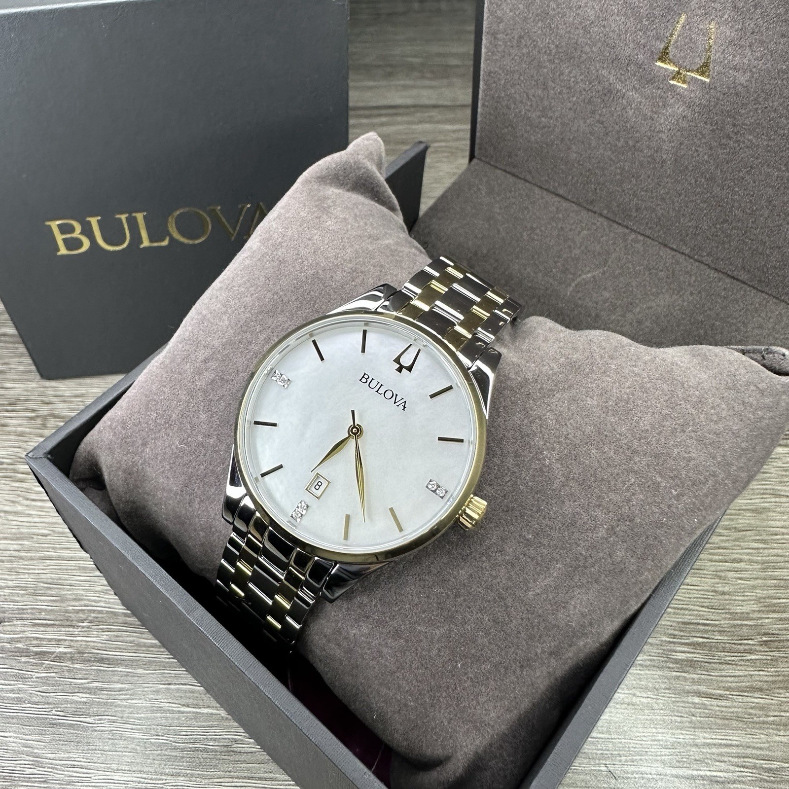 NEW✅DIAMONDS✅ Bulova Classic Two-Tone Mother Pearl Date Womens Watch 36MM 98P201