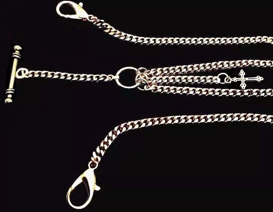 Gold Plated Extra Strong Pocket Watch Albert Double Chain With Ornate Cross Fob