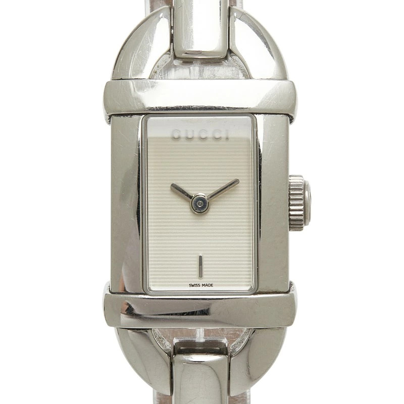 Gucci bangle watch 6800L quartz white dial stainless steel leather ladies used