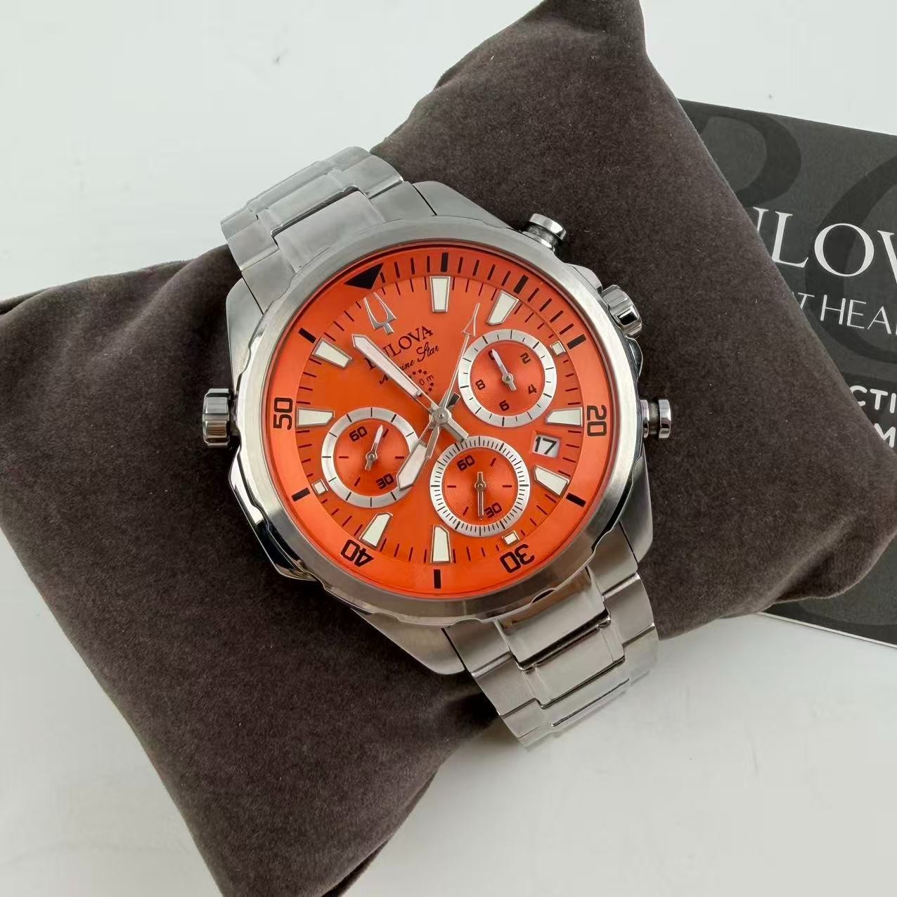 Bulova Marine Star 96B395 Men’s Chronograph Quartz Watch Orange Dial 44 mm