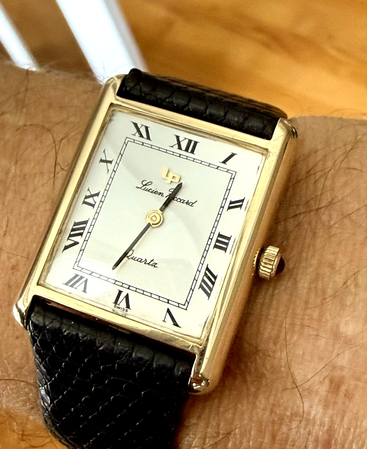 VINTAGE 14K LUCIEN PICCARD TANK 27mm QUARTZ WATCH BOX/TAG – GREAT