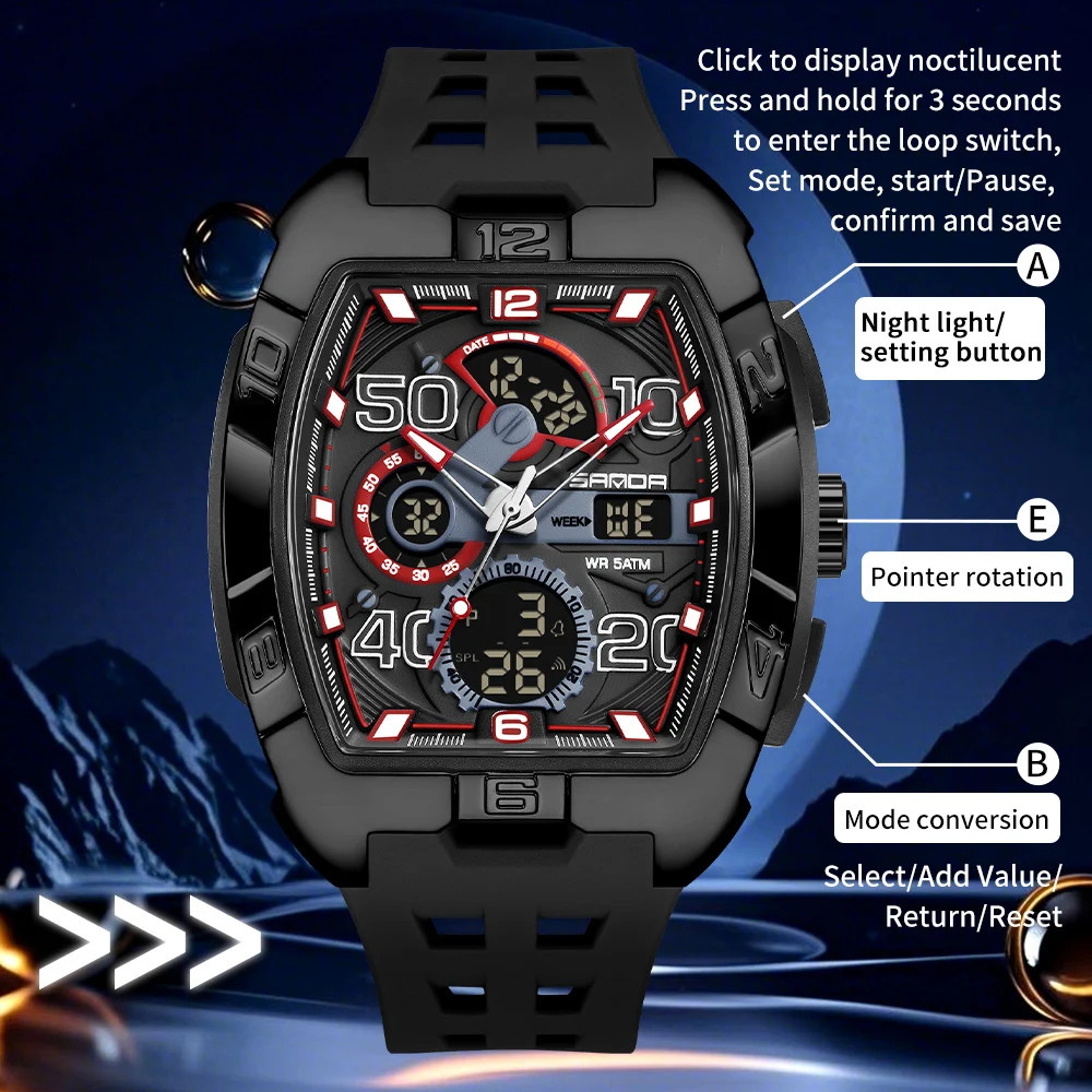 SANDA Fashion Men’S Dual Display Sport Digital Watch TPU Large Dial Luminous Chr