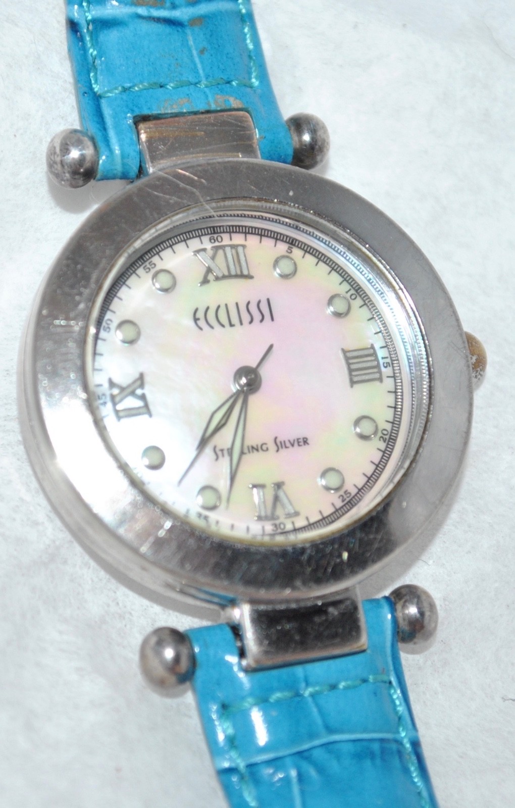 Ecclissi Sterling Round Watch Mother-of-Pearl Dial Blue Leather Band 22340
