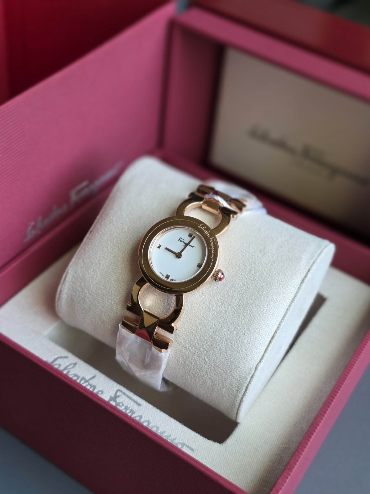 Brand New Ferragamo Double Gancini Stud IPRG Women’s Bracelet Watch- SFMI00322