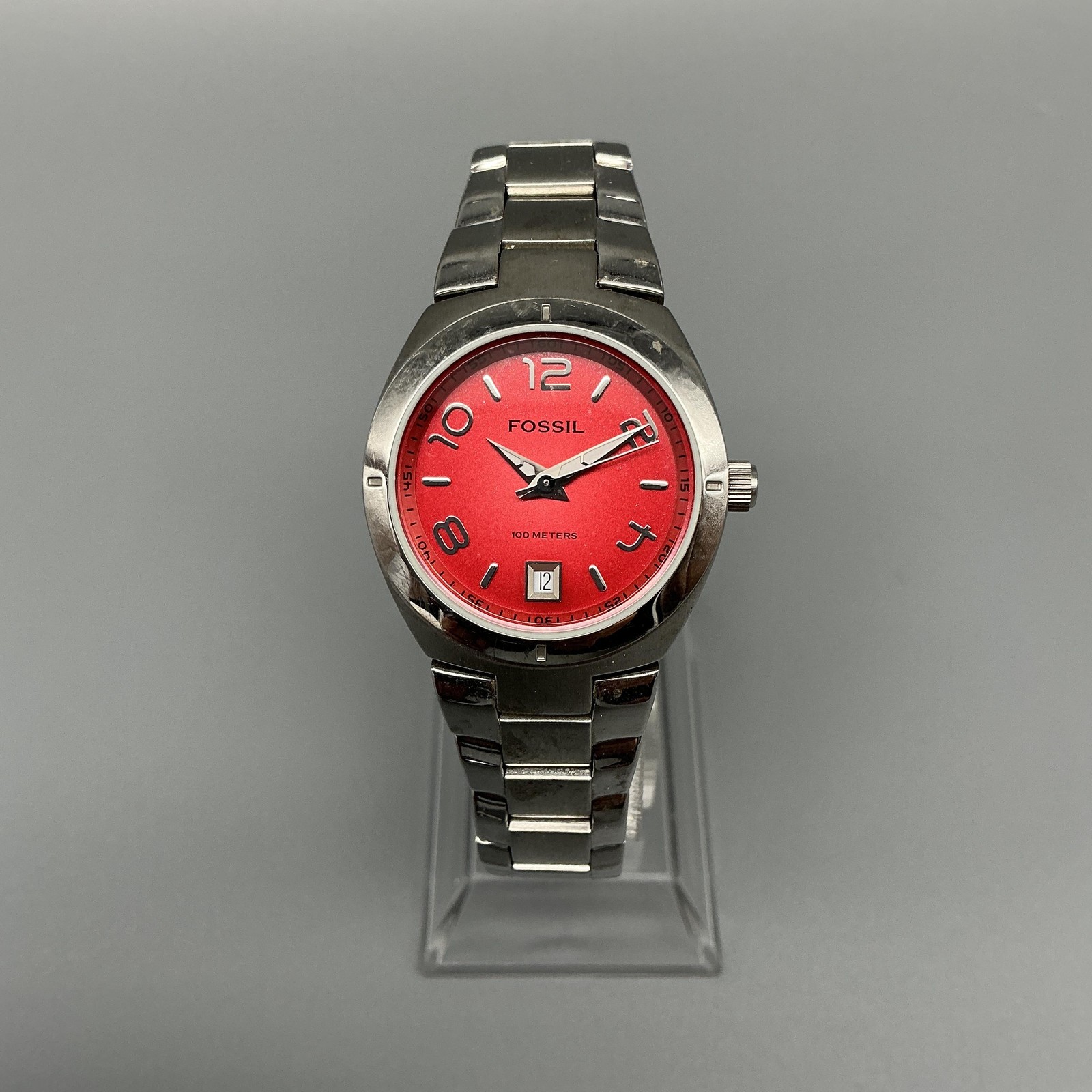 Fossil Blue Womens Watch 28mm Red Dial Stainless Date AM-4100 New Battery 6.75″