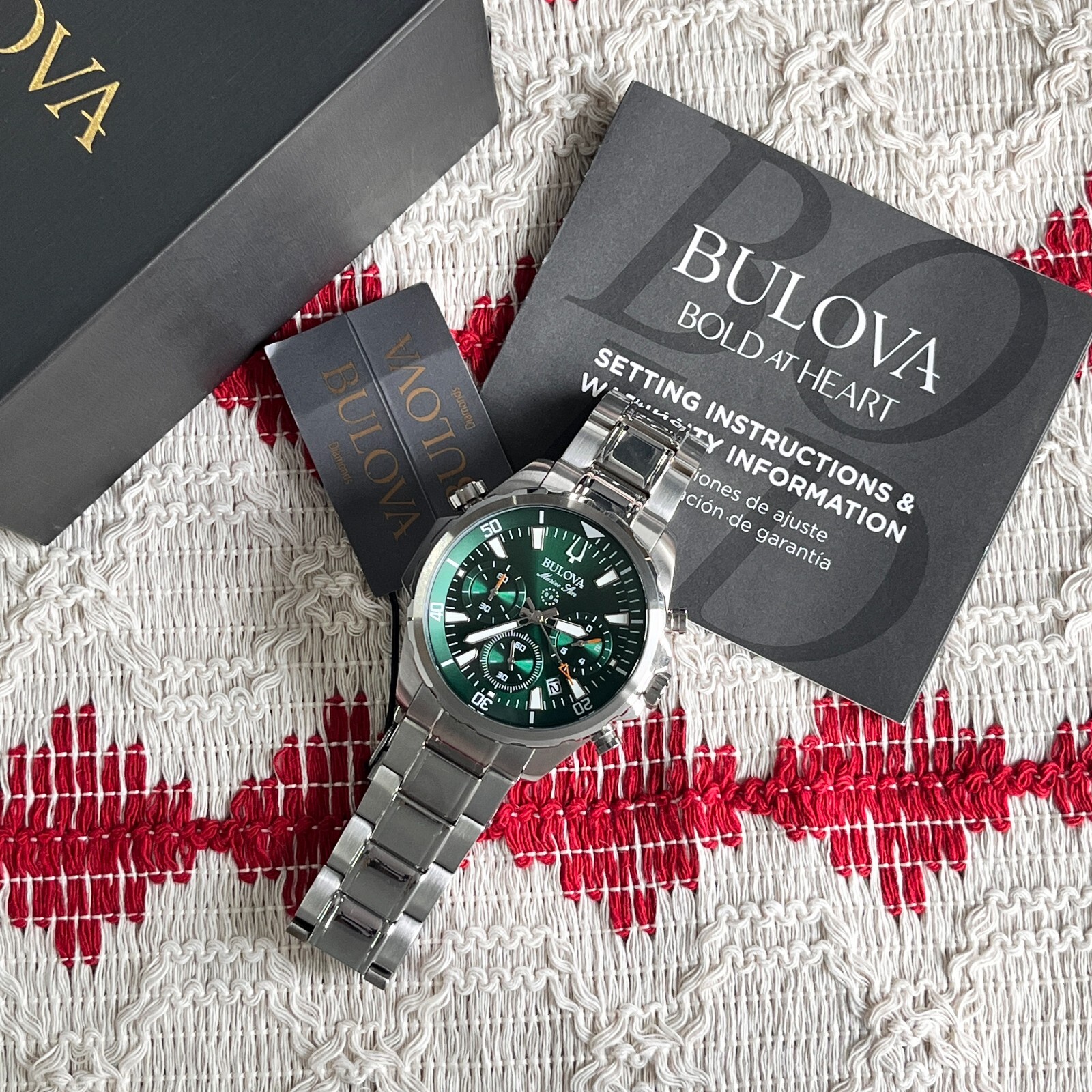 Classic Bulova Marine Star 96B396 Green Dial 43mm Chronograph Quartz Men’s Watch