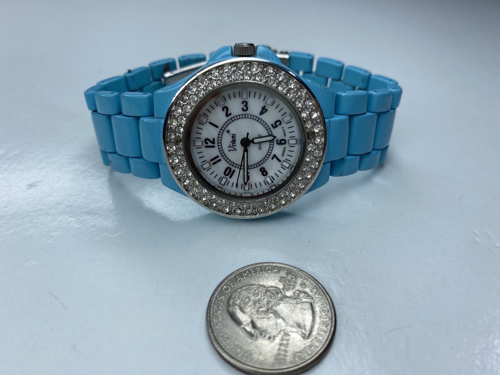 E Vivani Blue Enamel Silver Crystals Japan 1102 Accutime Stainless Untested