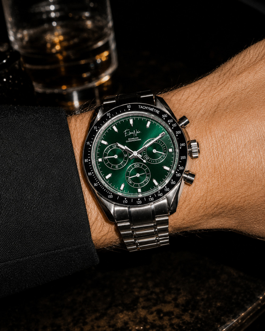 Élan Noir Chronograph Watch VK63 Emerald Green Sapphire Crystal Steel 40mm