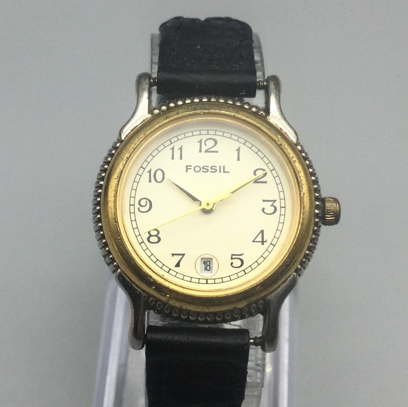 Vtg Fossil Women Watch 27mm Two Tone Braided Black Leather Date New Battery