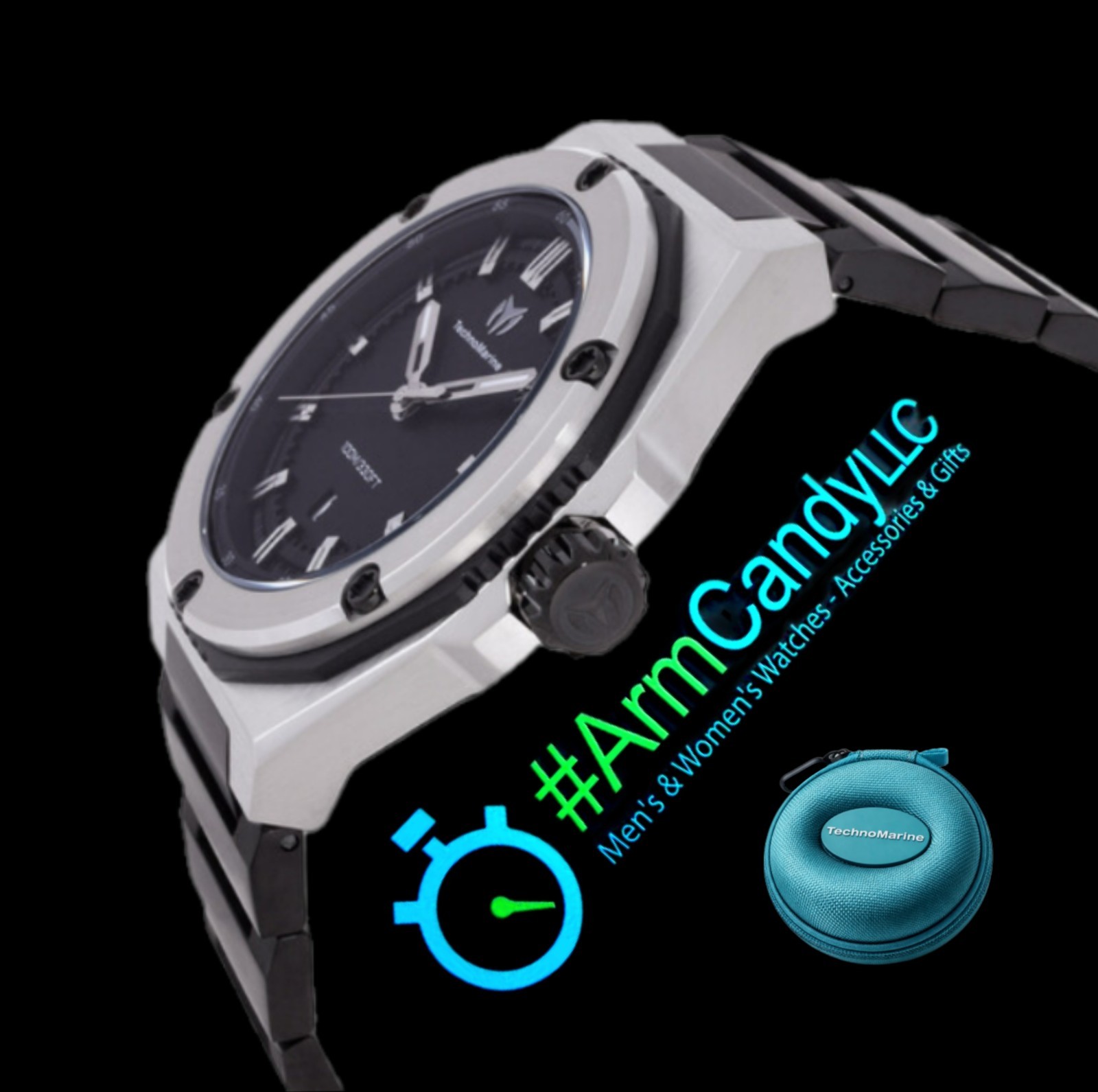 NEW Two-Tone 45mm Men’s Techno Marine Coral Legacy Black & Grey FREE TRAVEL CASE