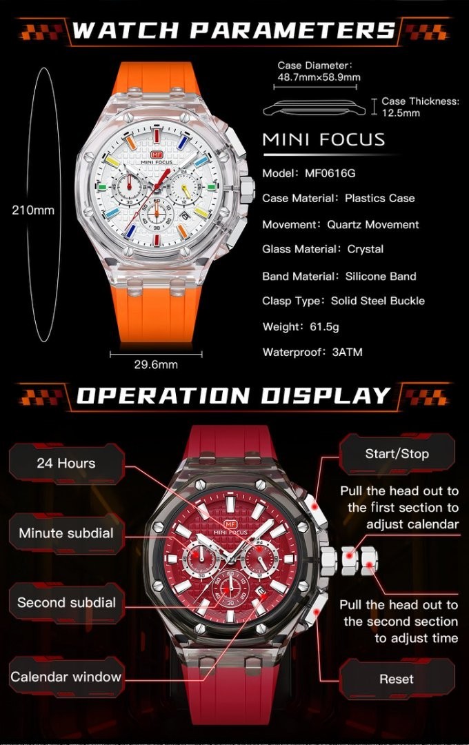 MINI FOCUS Men Transparent Case Multifunction Chronograph Calendar Quartz Watch