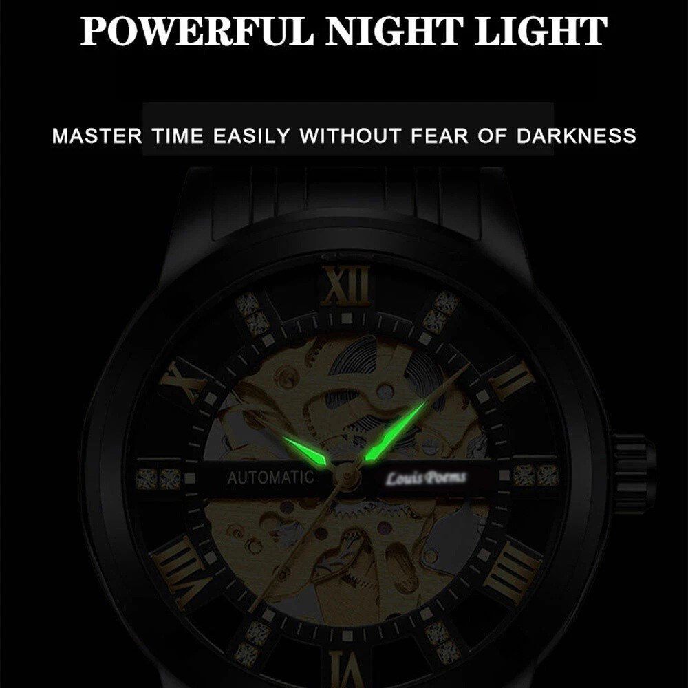 Men’s Luxury Stainless Steel Gold Tone Skeleton Automatic Mechanical Wrist Watch