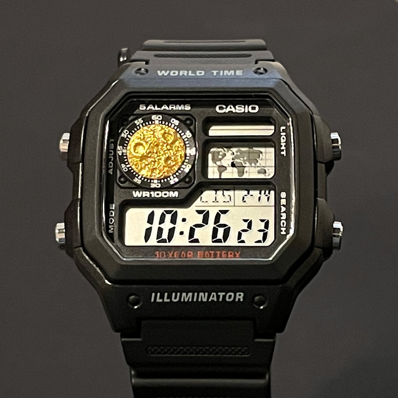 Casio AE1200 Royale 24K Gold Leaf Moon Sculpture Handmade Mod Watch (Black Case)