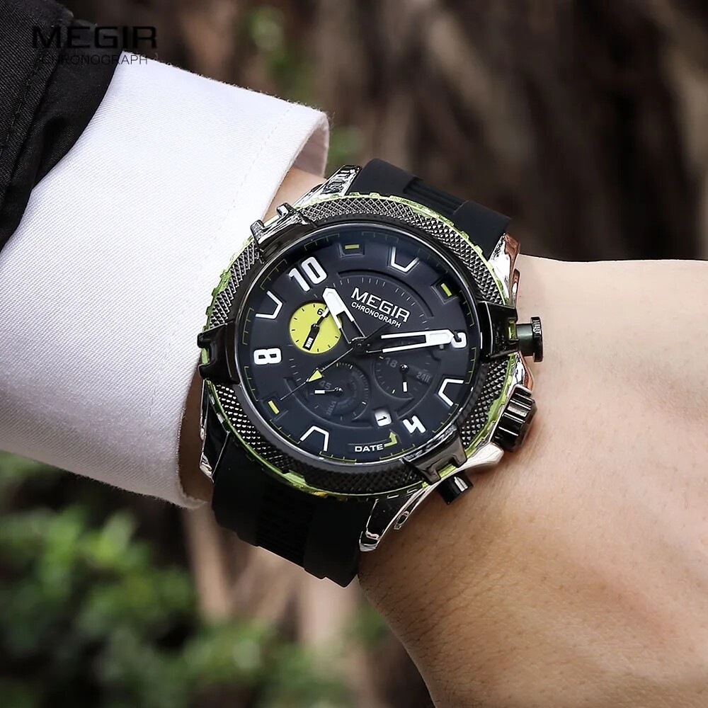 MEGIR Watch Men Waterproof Chronograph Calendar Military Male Rubber Wristwatch