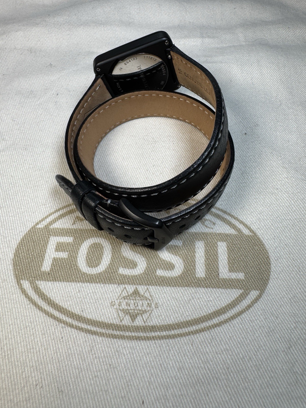 Fossil Atwater Quartz Rectangle Watch Black Dial Double Wrap Leather Strap