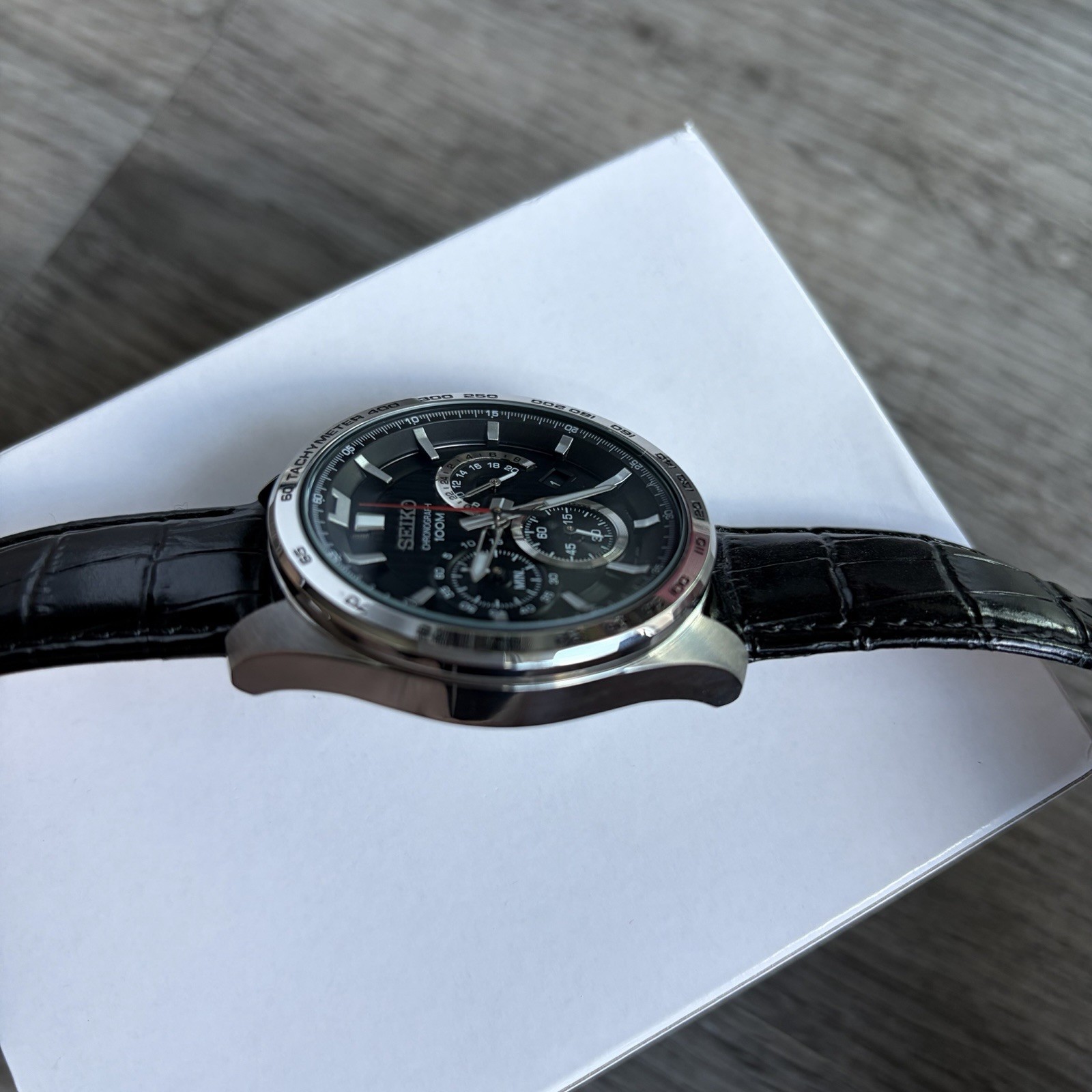 Seiko Chronograph Quartz Black Dial Watch 8T63-00G0 Tachymeter 44mm
