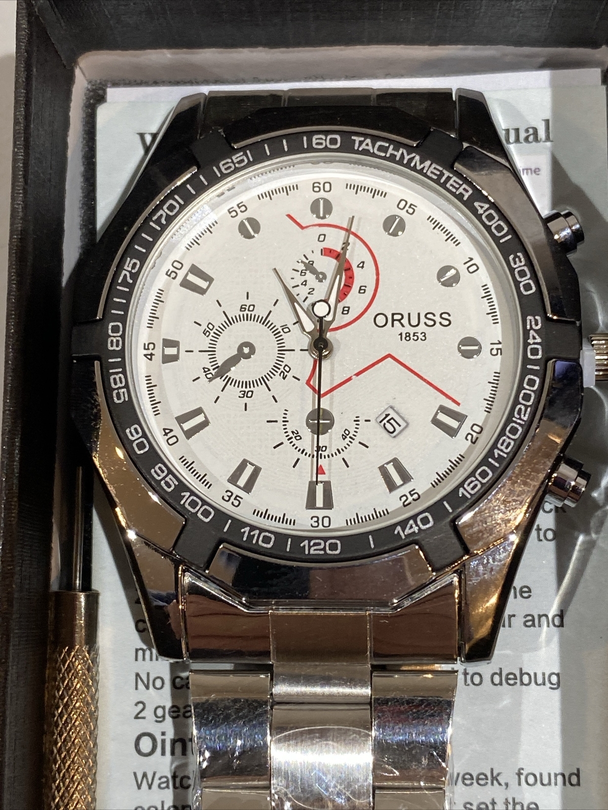 Mens Oruss 1853 Round Silver Tone White Bezel Date Analog Quartz Watch NEW!