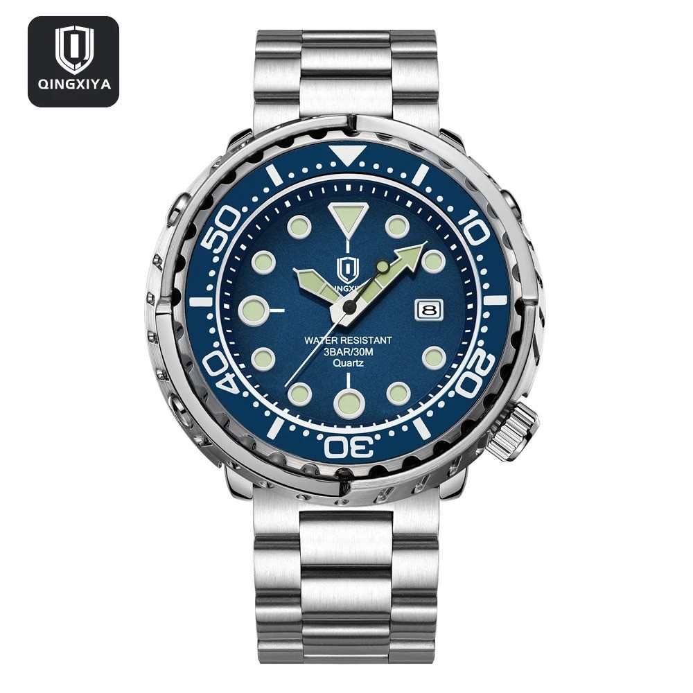 QINGXIYA —Diver-style “Tuna Can” watch — Stainless steel — Quartz —