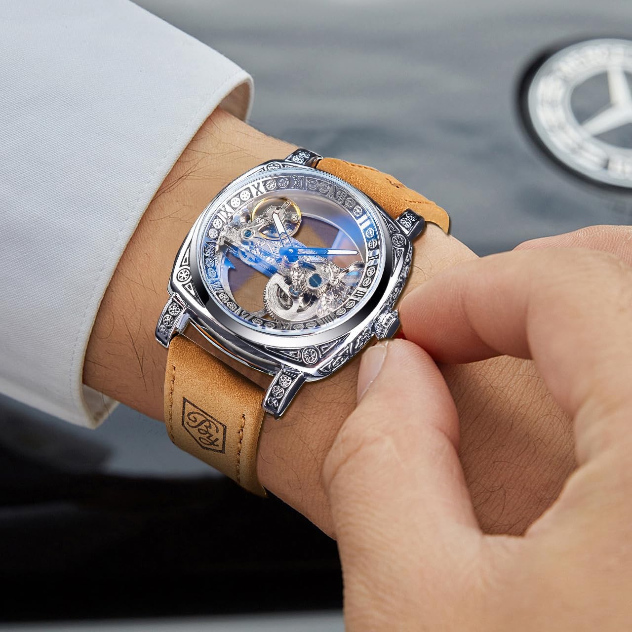 Men’s Luxury Square Carving Mechanical Watch, Retro Totem Double Sided Hollow…