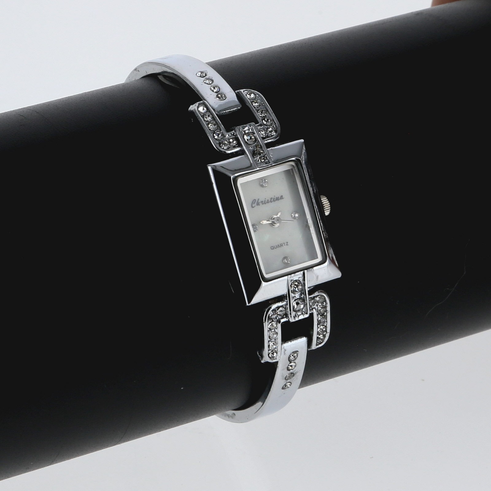 Silver Rhinestone Crystal Bracelet Watch 19mm x 24mm White Mother of Pearl Dial