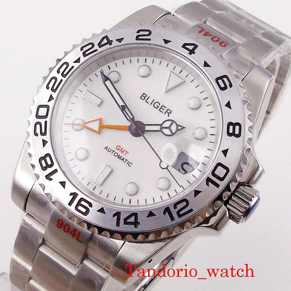 40mm Bliger White Dial GMT Automatic Mens Watch Sapphire Glass Oyster Strap Date
