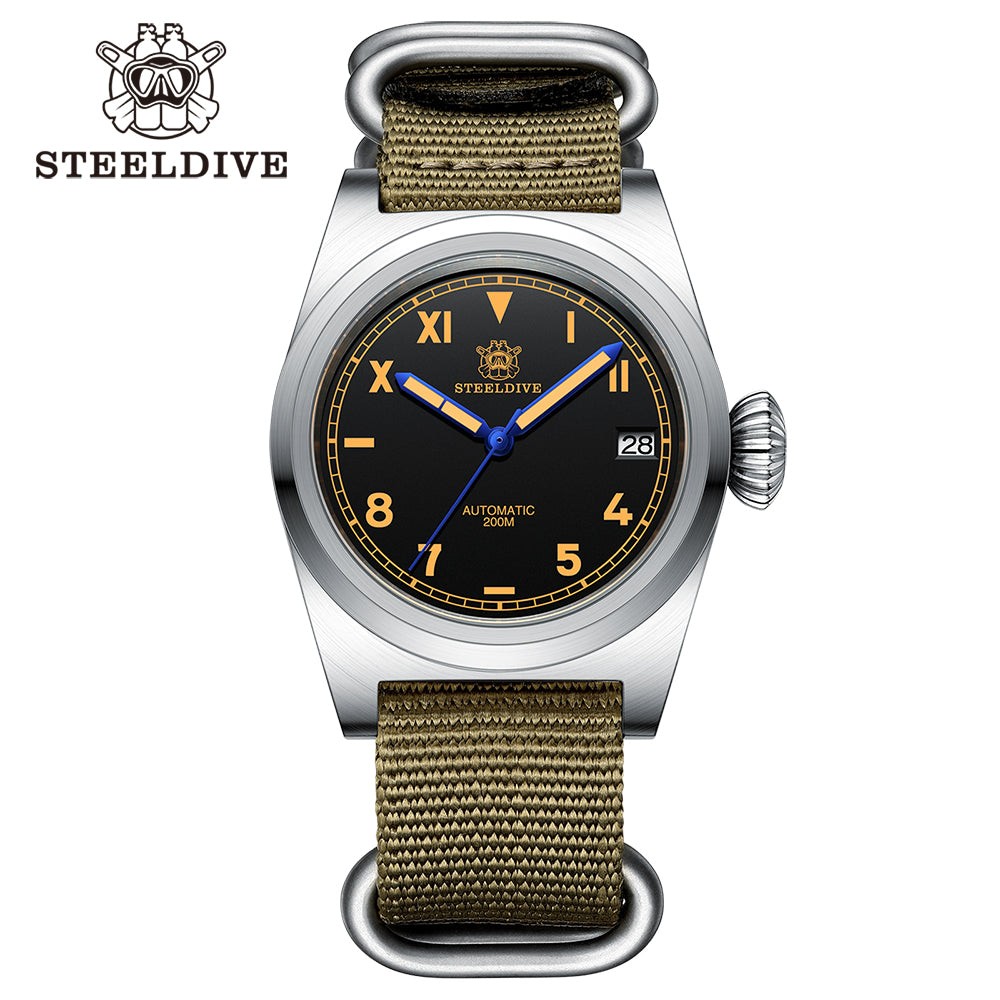 STEELDIVE SD1904 Mens Pilot 38mm 200M Automatic Dive Watch NH35 Sapphire Steel