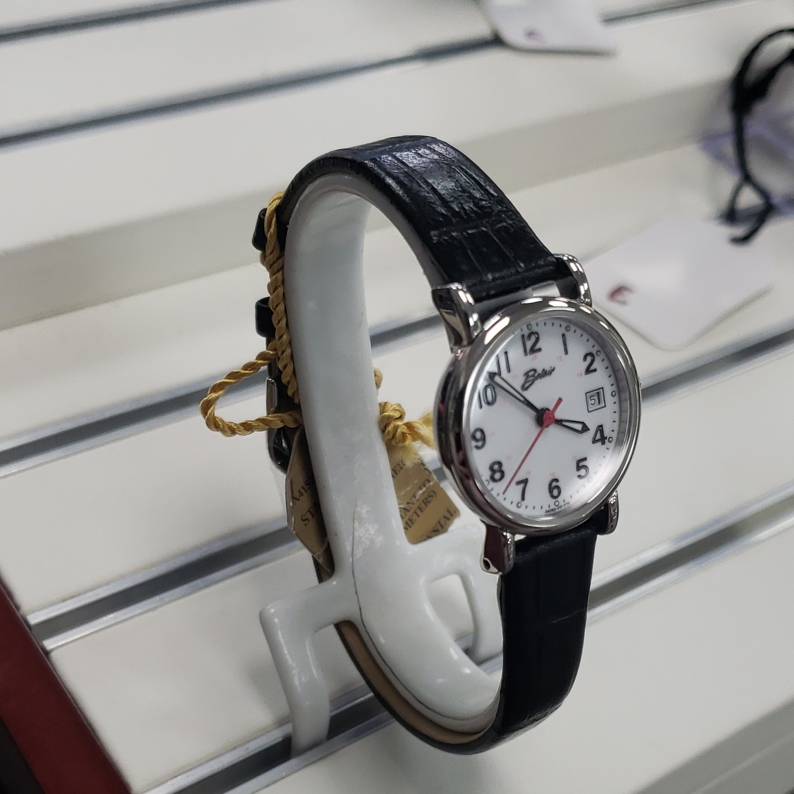 Belair Quartz Analog Wristwatch White Dial Date Black Leather Strap