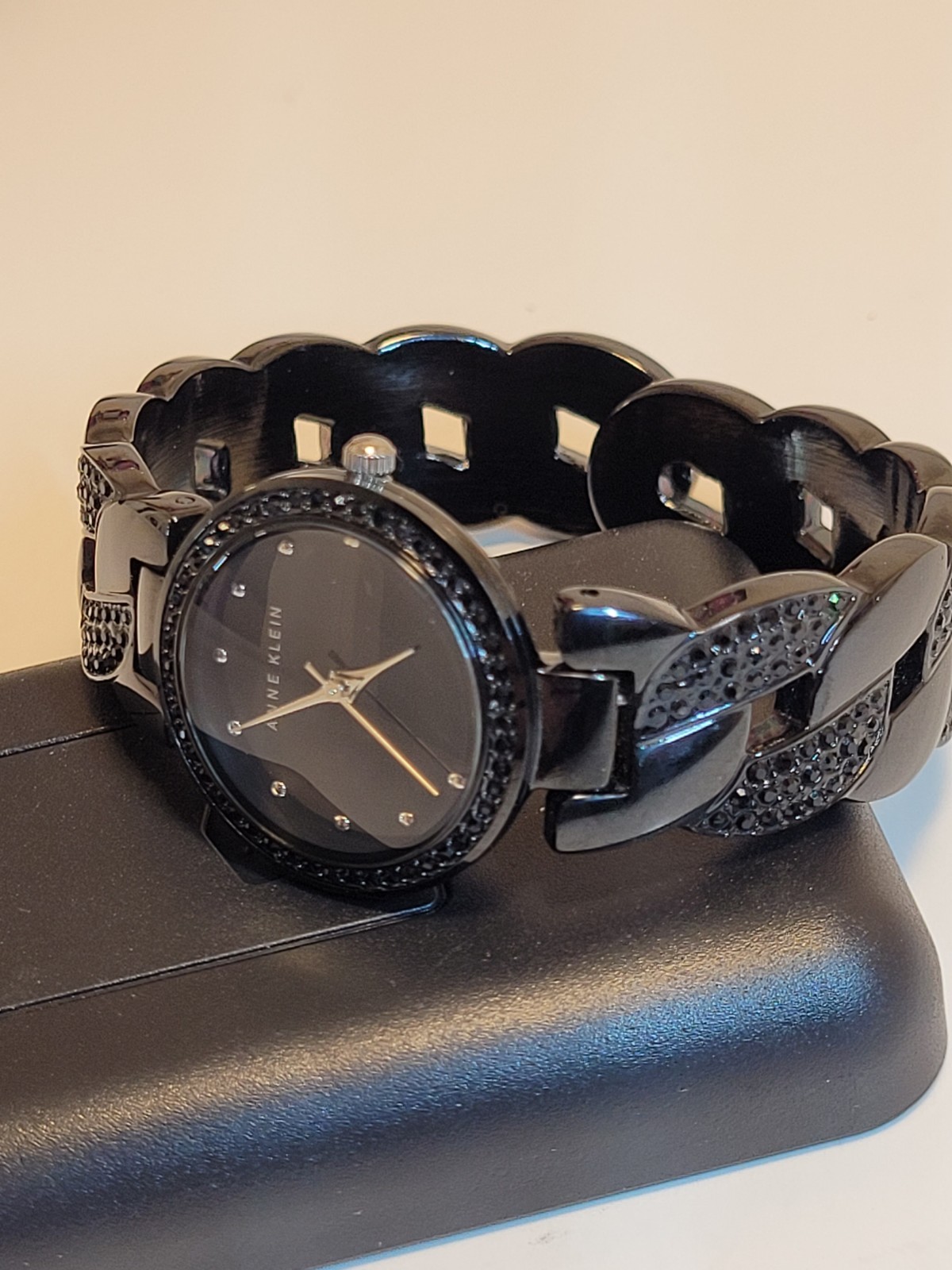 Anne Klein Women’s Black Stainless Bracelet Quartz Analog Watch Gem-Set Bezel