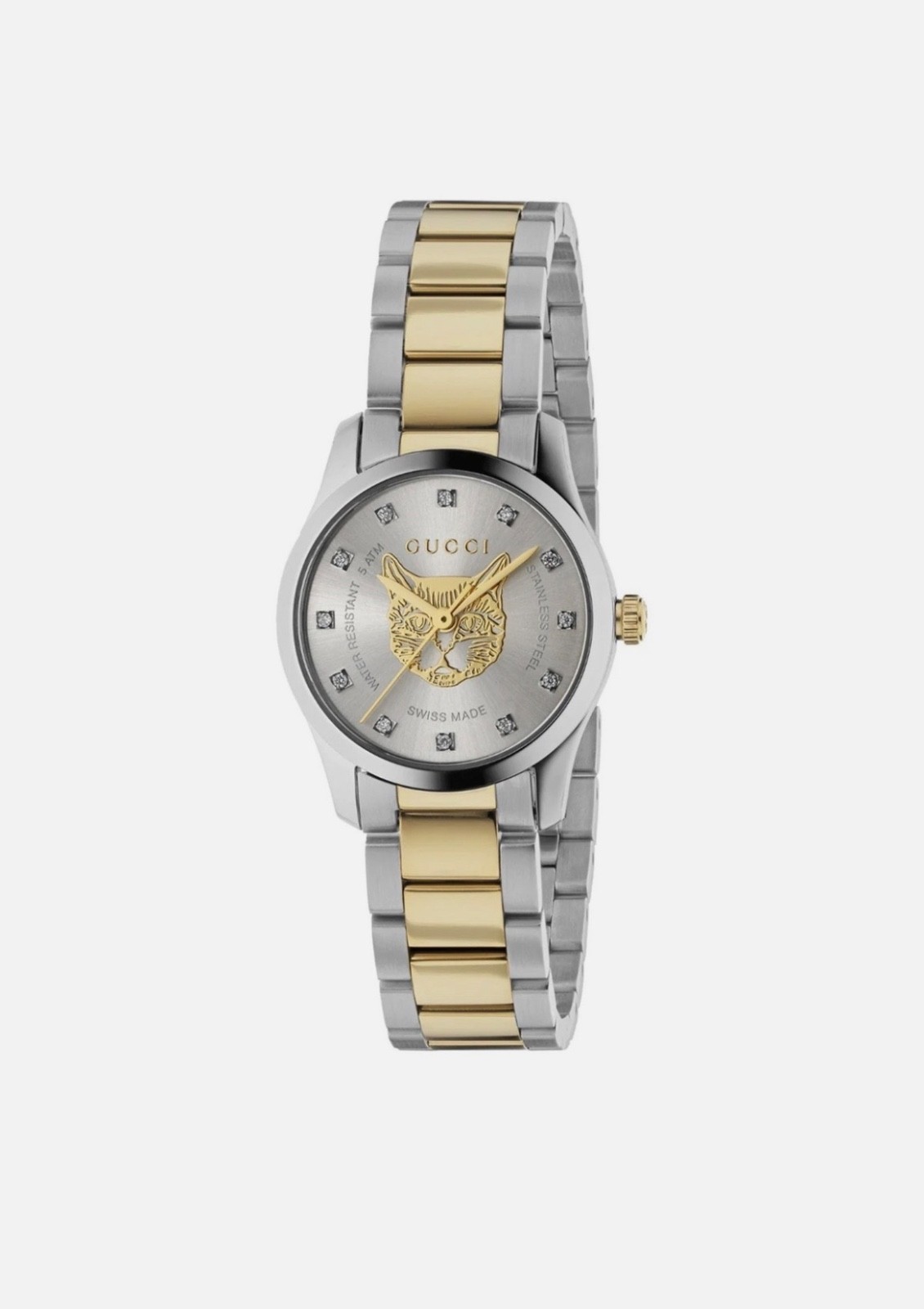 Gucci G-Timeless YA1265016 27 mm Silver Gold Cat Diamond Dial Ladies Watch Swiss