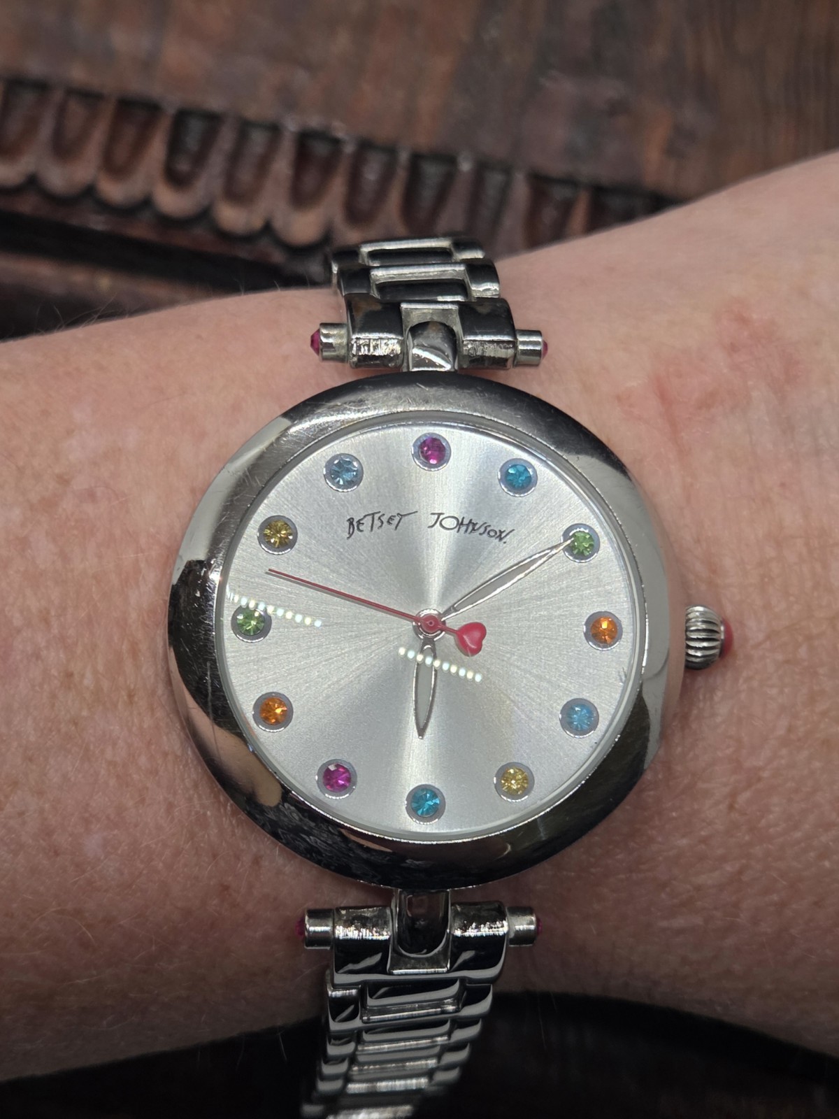 DESIGNER BETSEY JOHNSON BJ00285-01 Wristwatch WATCH Silver Tone Colorful Details