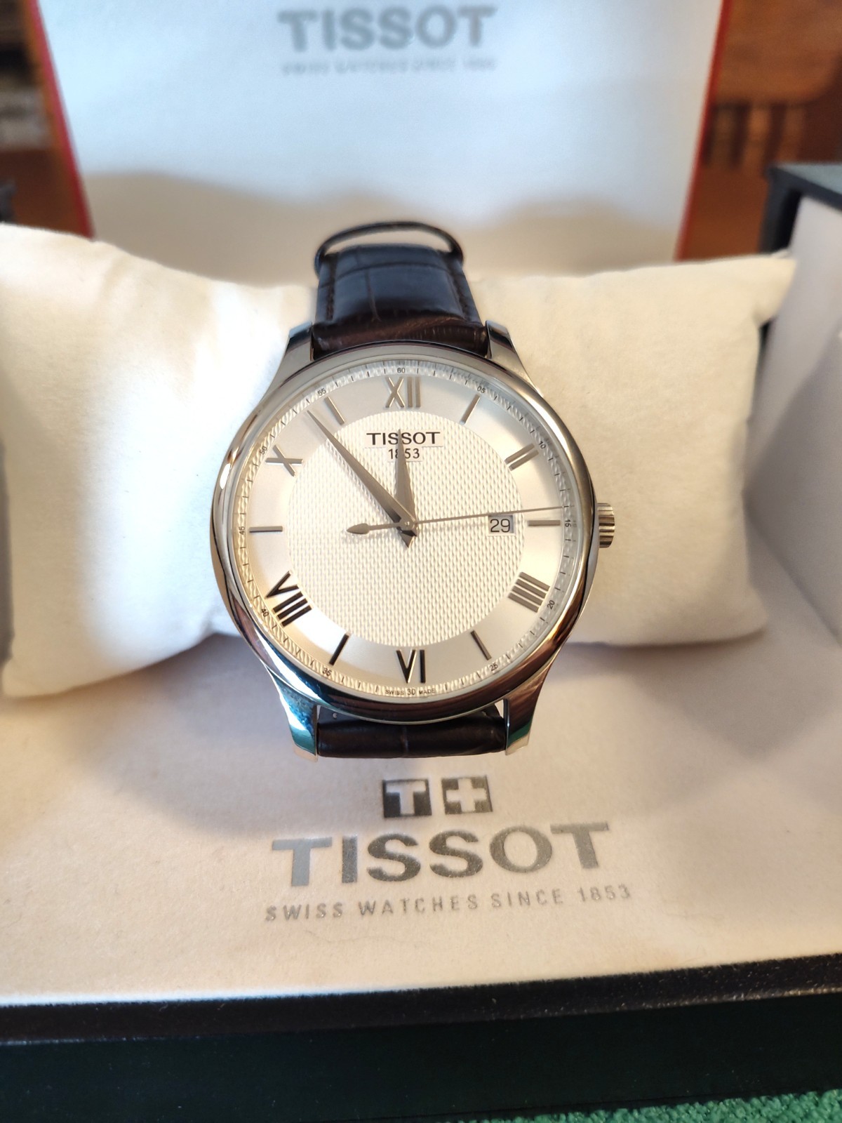 Tissot Tradition T063610A Leather Men’s Swiss Watch, Diamond Pattern Dial, w/Box