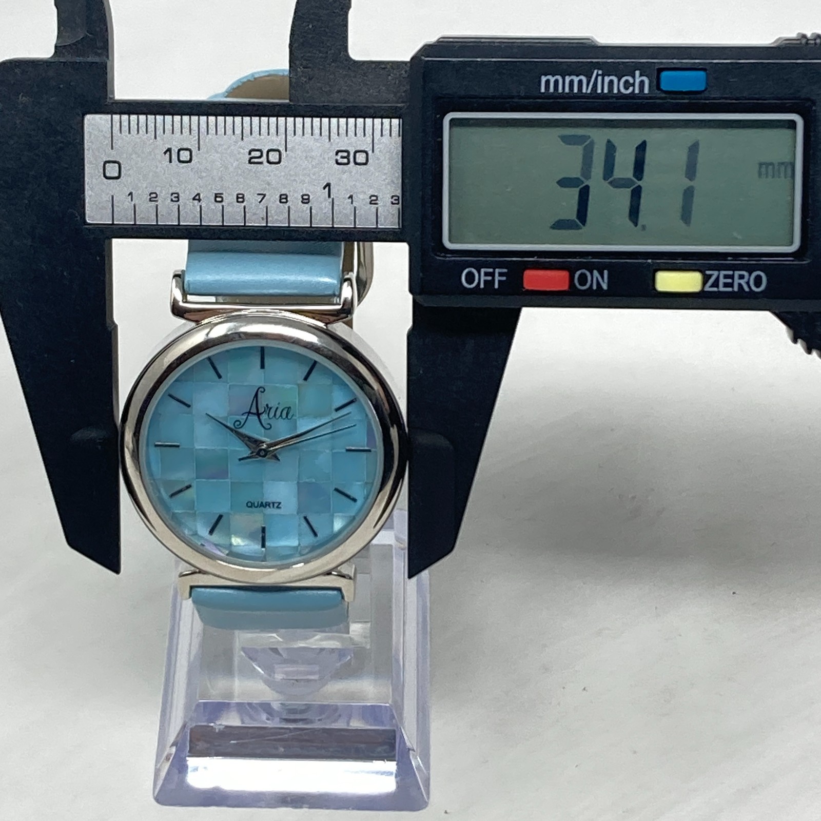 Aria Womens Watch 34mm Silver Tone Blue MOP Mosaic Round New Battery 8″