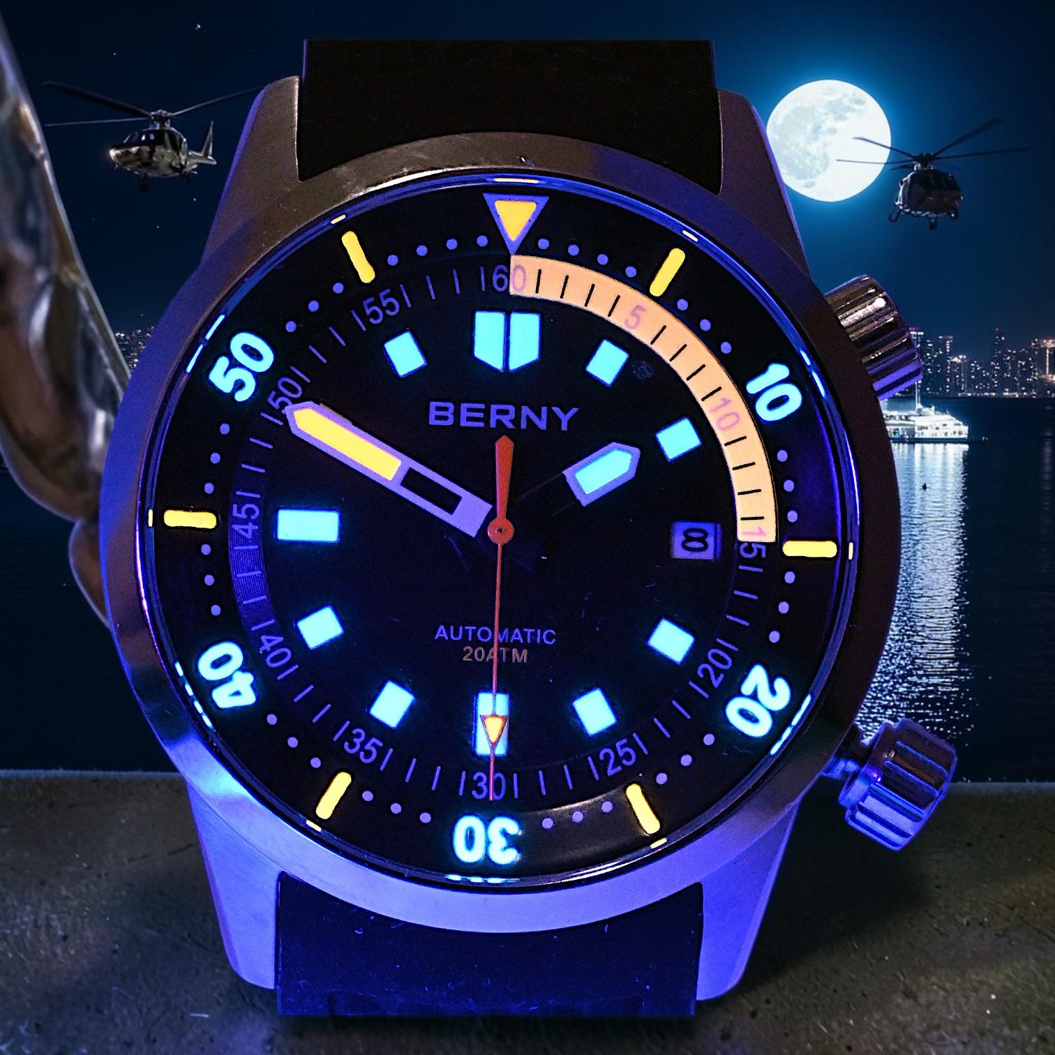 BERNY Automatic Diver Watch 41.5mm for Men 200M Waterproof Miyota 8215 movement