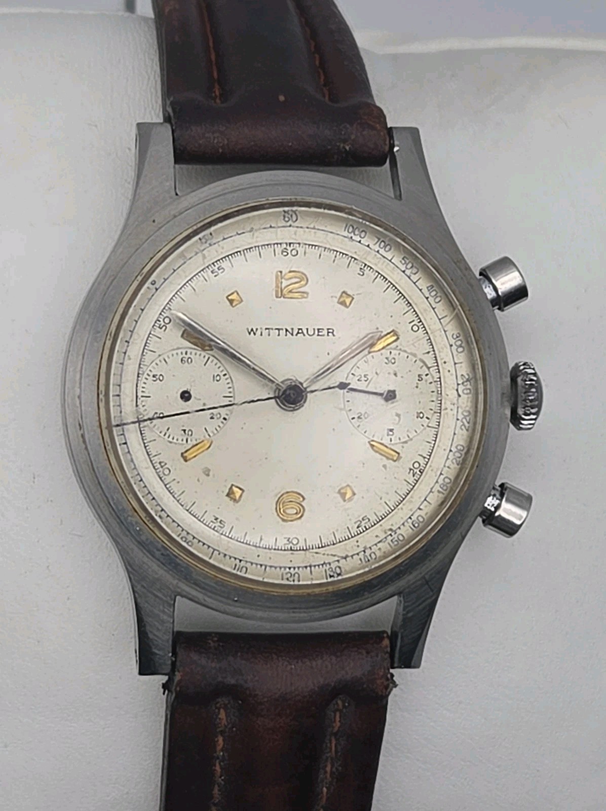 Vtg 1950s Wittnauer 36mm SS Case Two Register Chronograph Original Dial Watch