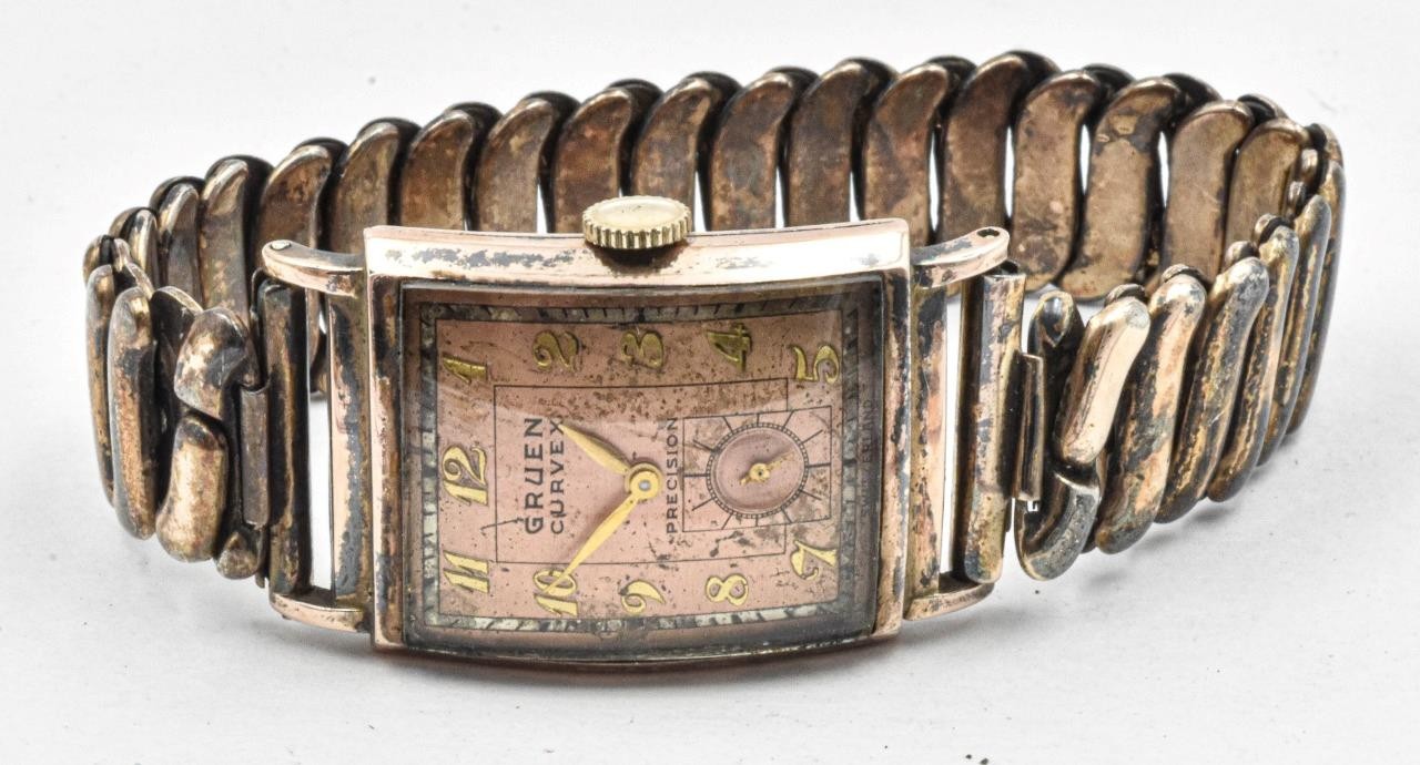 Vintage 40’s Rose Gold filled GRUEN CURVEX & Gold filled Band Men’s Wrist Watch