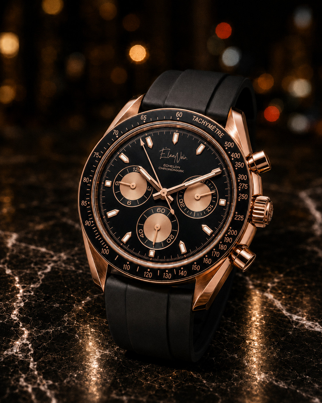 ÉlanNoir Chronograph Watch VK63 Black Dial Rose Case Sapphire Crystal Steel 40mm