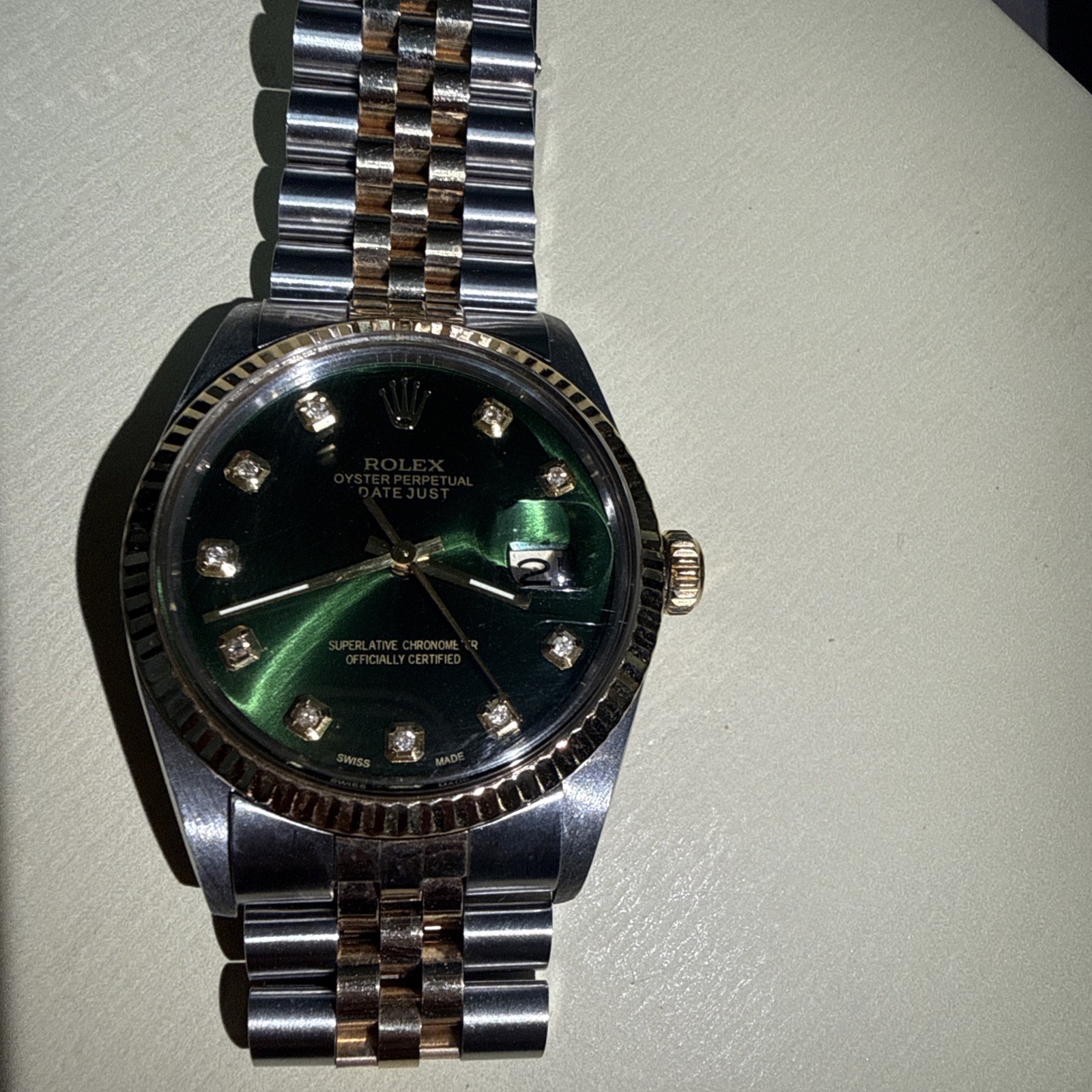 Rolex Datejust 36mm Yellow Gold Fluted Green Diamond Dial Jubilee Watch