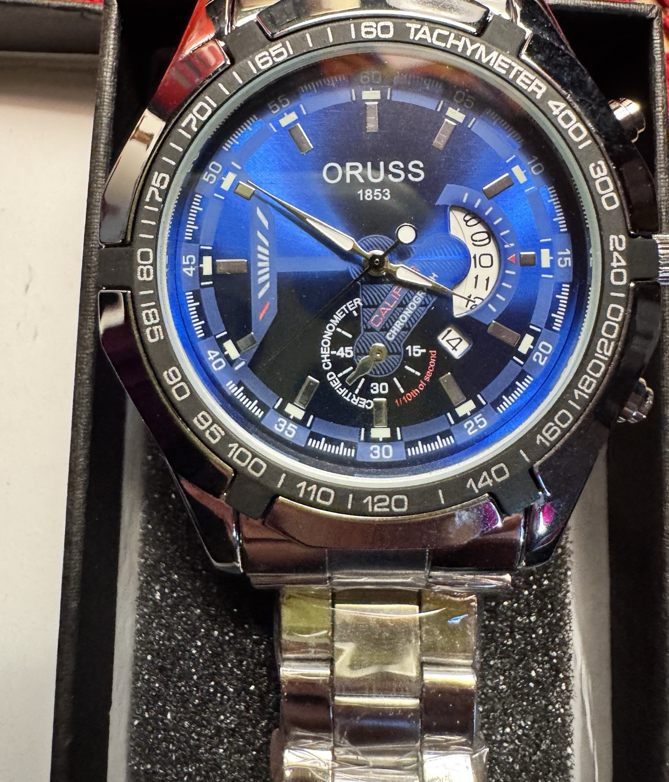 ORUSS 1853 Men’s Quartz Chronograph Date Black Tachymeter Blue Dial Watch