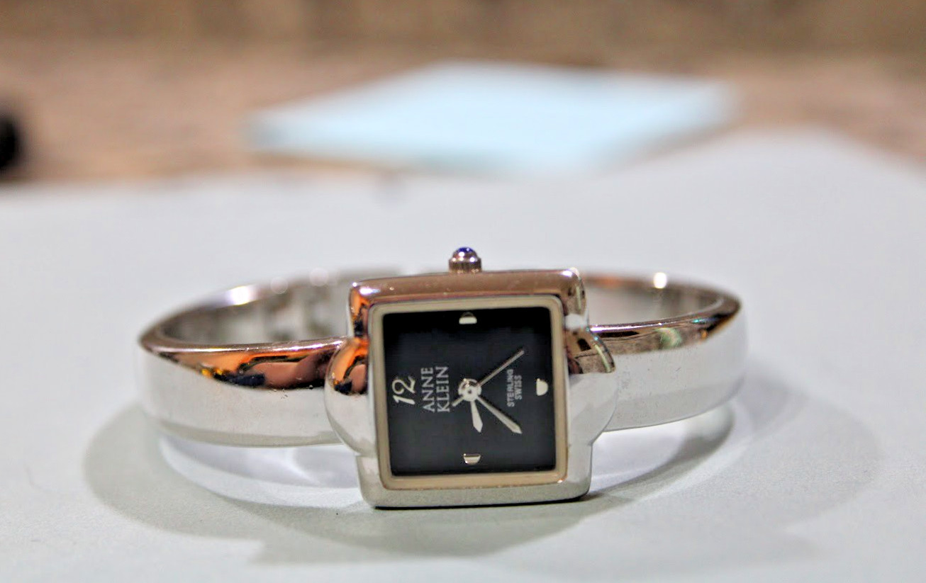 Vintage Anne Klein Sterling Silver Watch 925 Bangle Cuff Black Dial Swiss Movt