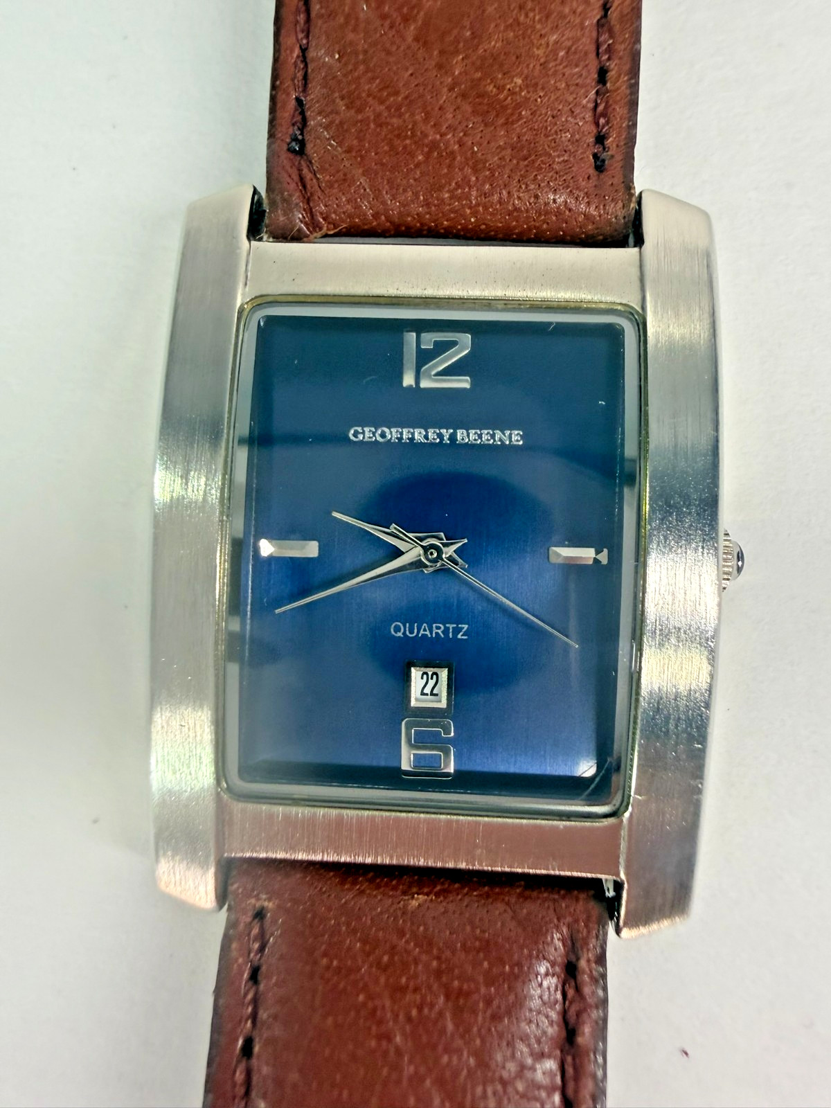 Geoffrey Beene GBM165 Wide Rectangular Navy Blue Dial Date Brown Leather Watch