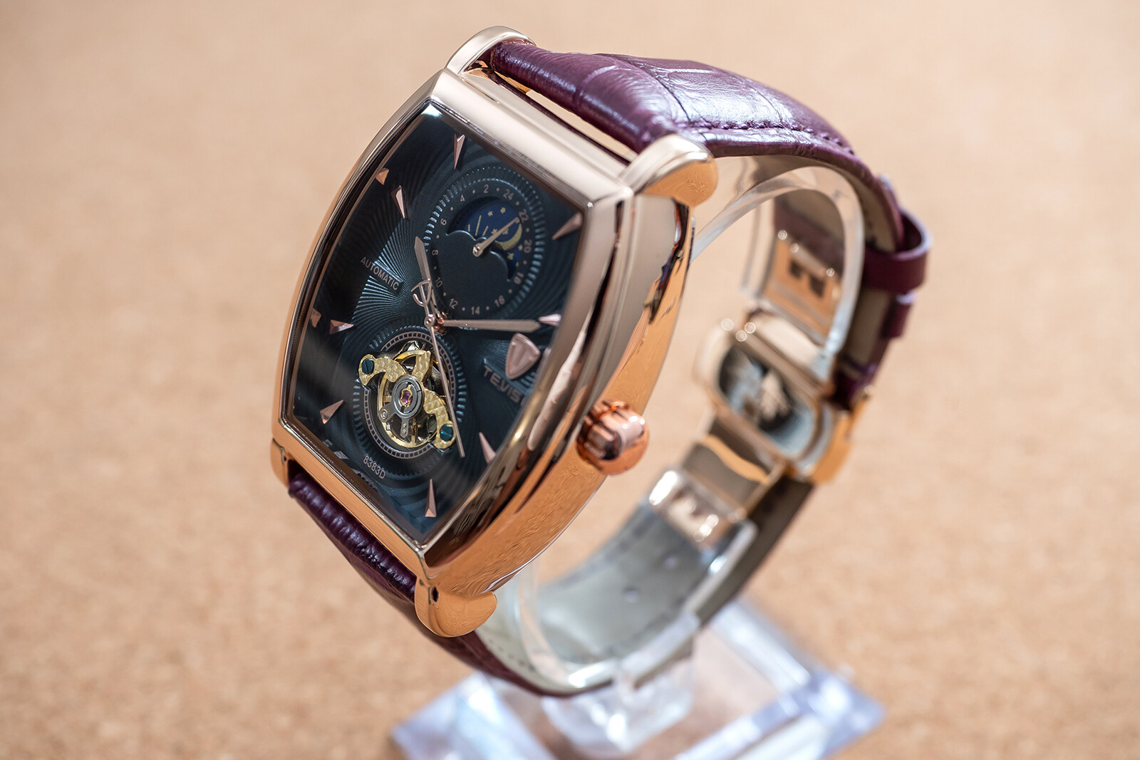 Mens Rose Gold Moon Phase Automatic Mechanical Watch Purple Leather 24HR Dial
