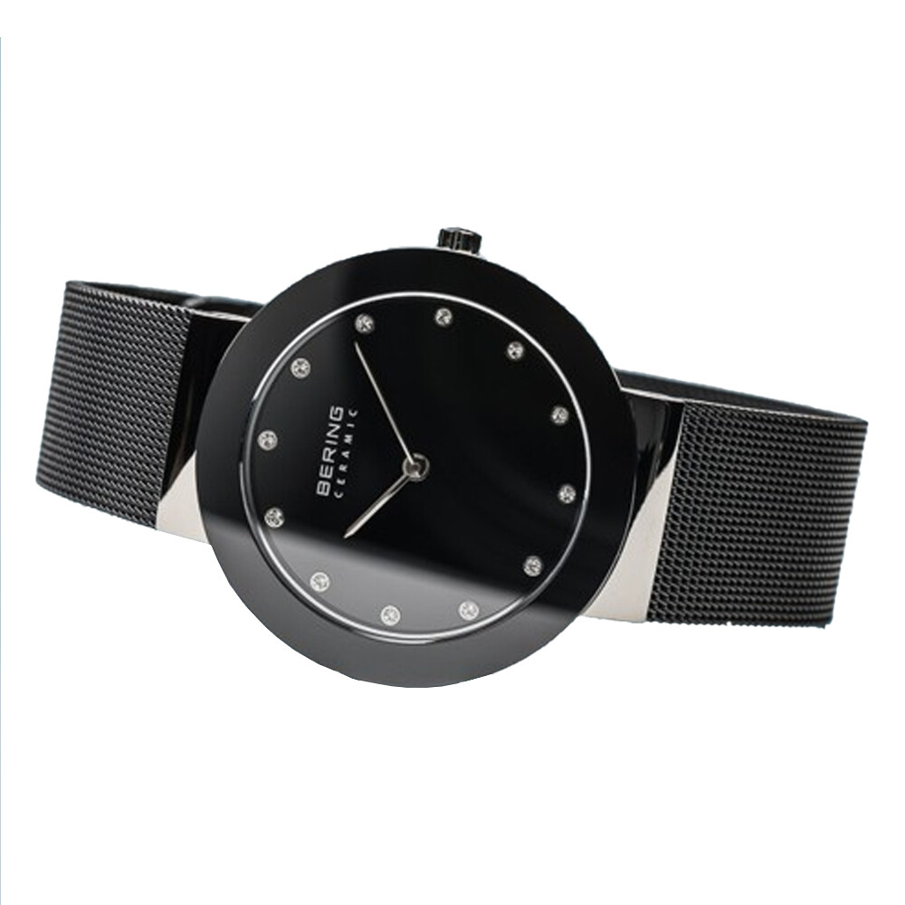 Bering Time Ceramic Polished Silver Stainless Steel Black Women Watch. 11435-102