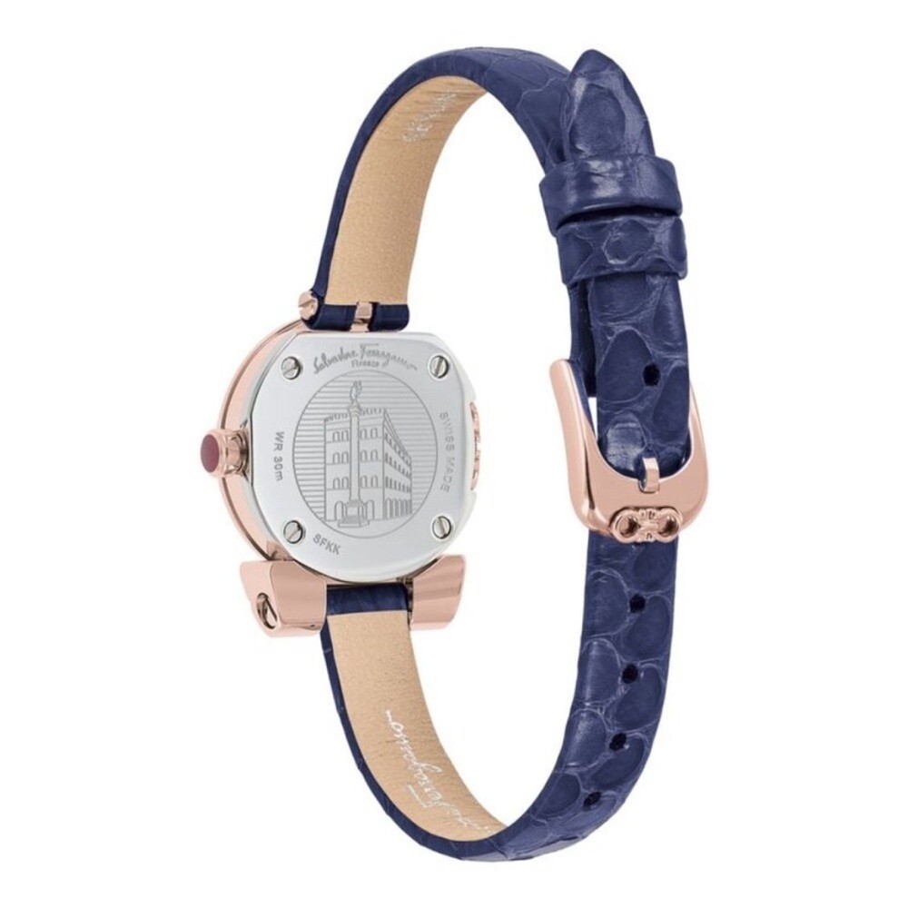 Salvatore Ferragamo Gancino Rose Gold and Blue Leather Women’s 23mm Watch NEW