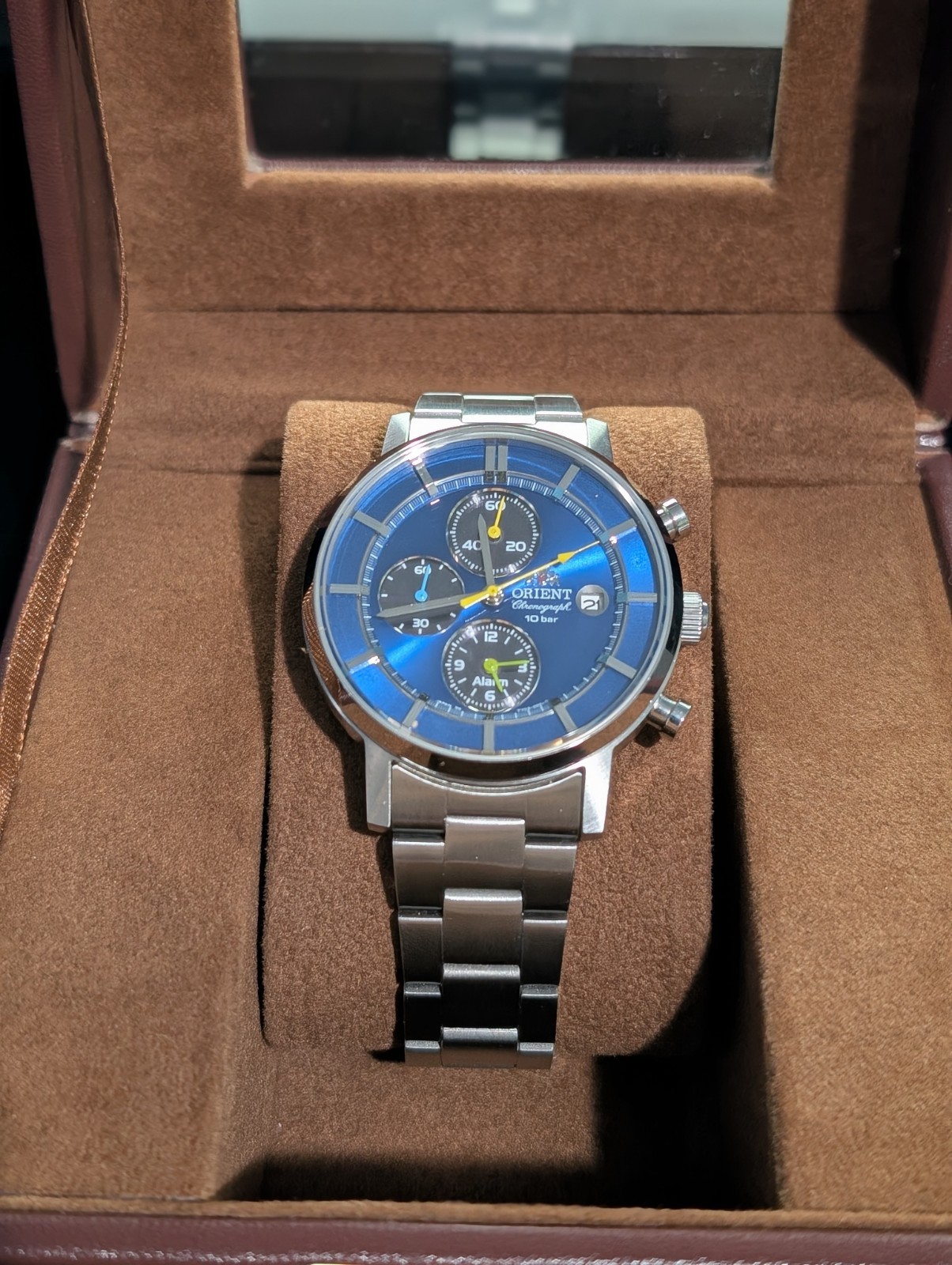 Orient Neo70’s Men’s Metallic Blue with yellow accents and three sub-dials