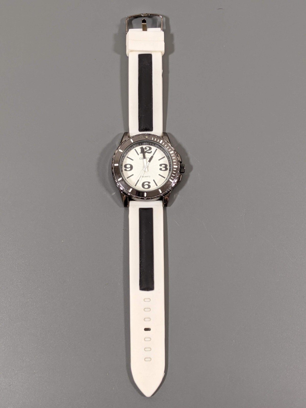 Geneva Black White Stripe Silicone Jelly Band Watch Round White Dial
