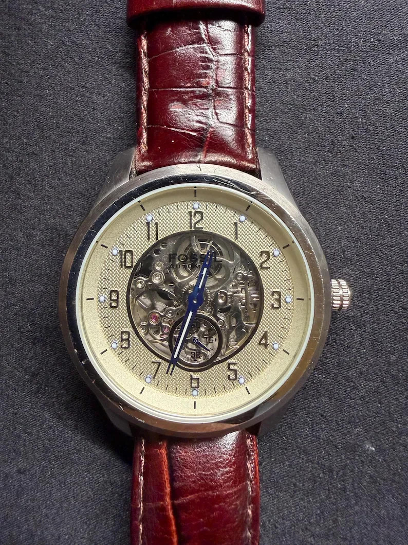 Men’s Fossil ME-1031 Automatic Watch With Skeleton Khaki Dial And Blue Hands