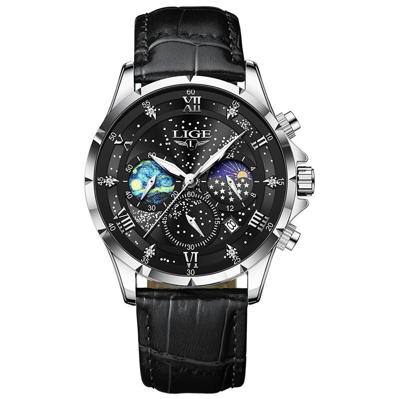 LIGE Luxury Quartz Men’s Watch Leather Strap Date Waterproof Luminous Wristwatch