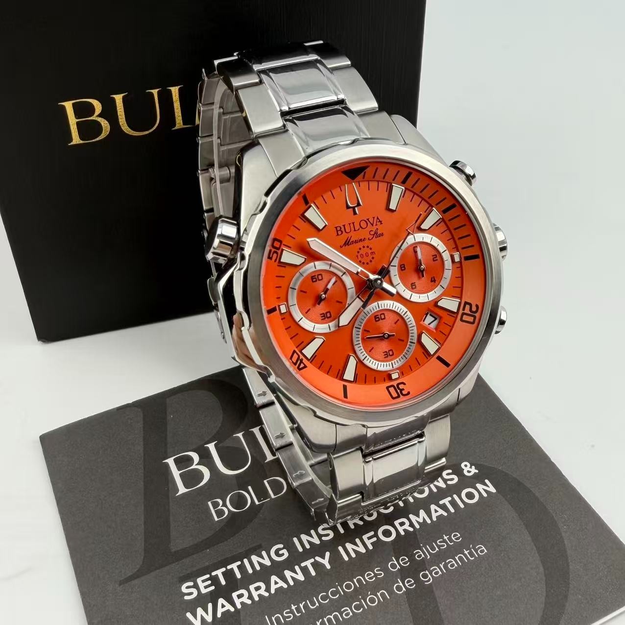 Bulova Marine Star 96B395 Men’s Chronograph Quartz Watch Orange Dial 44 mm