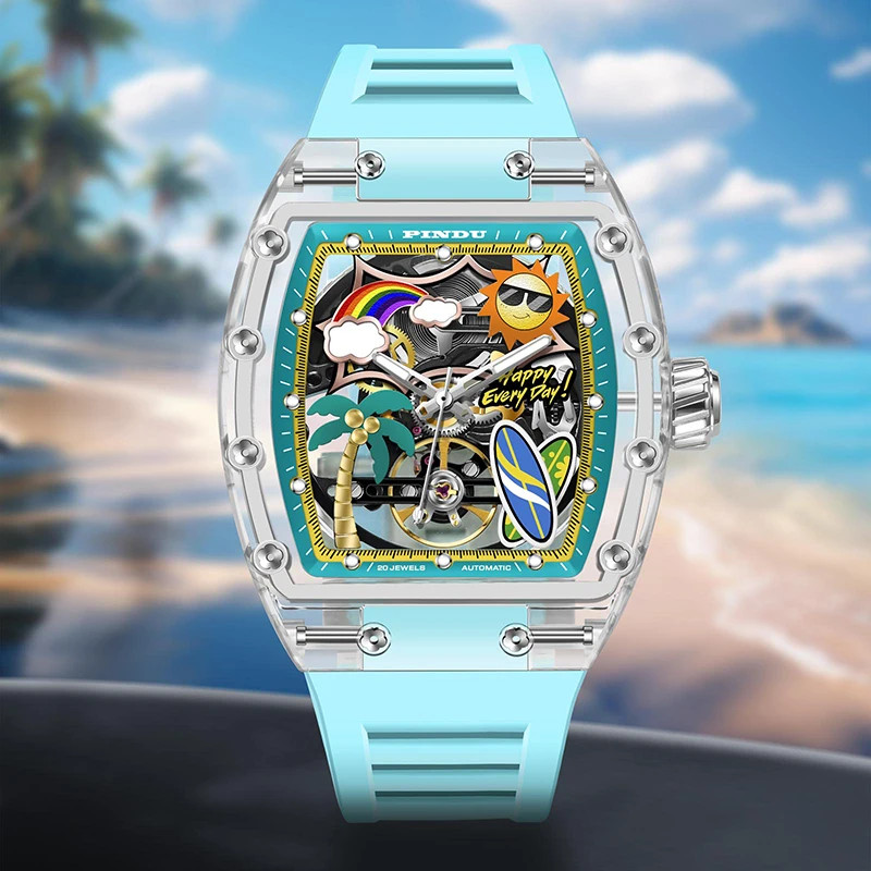 PINDU Men Mechanical Watch Tonneau Summer Beach Glowing Waterproof Silicone